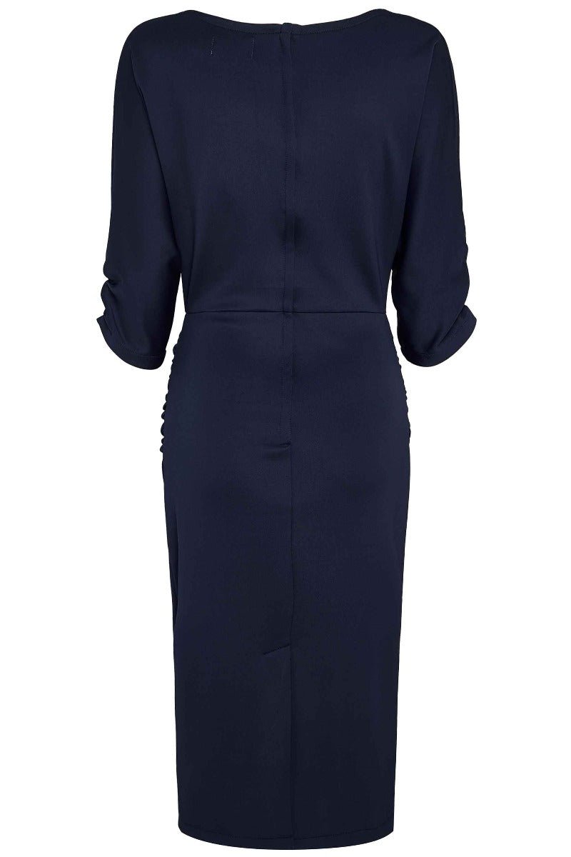 Ruffled Waist & Long Sleeved Tight Wiggle Dress Navy