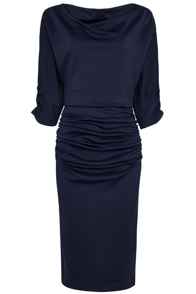Ruffled Waist & Long Sleeved Tight Wiggle Dress Navy