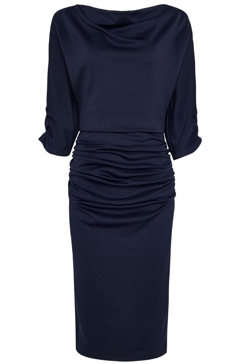 Ruffled Waist & Long Sleeved Tight Wiggle Dress Navy