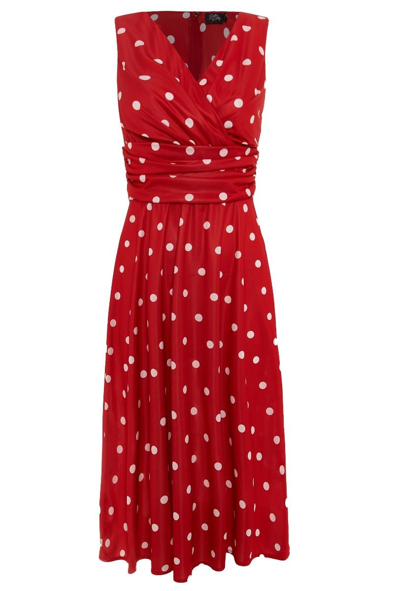 Bernice sleeveless swing dress in red, with white polka dots, front view