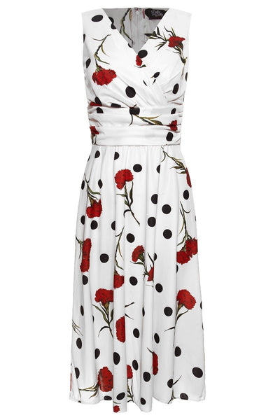 Bernice sleeveless swing dress in white, with black polka dot spots and red flowers, front view