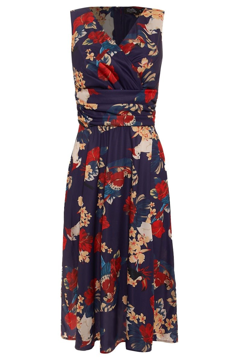Bernice sleeveless swing dress in navy blue, with red and white flowers and parrots, front view