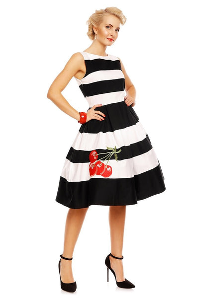 Embroidered Cherry Stripe Swing Dress in Black