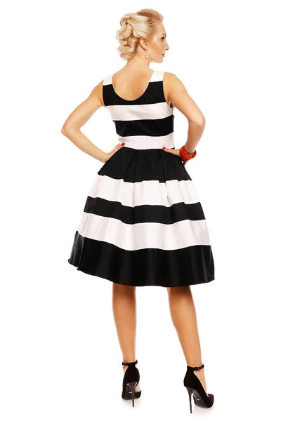 Embroidered Cherry Stripe Swing Dress in Black