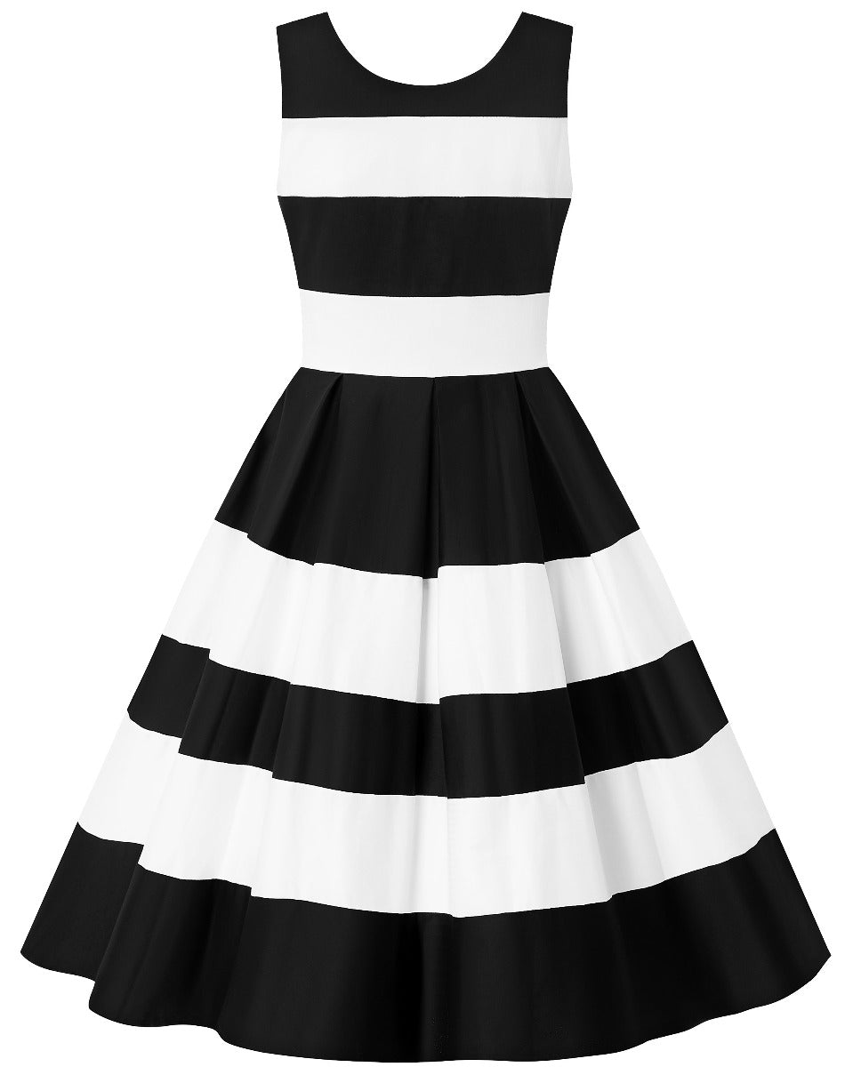 Black and white striped Annie swing dress, with embroidered red rose on the skirt, back view