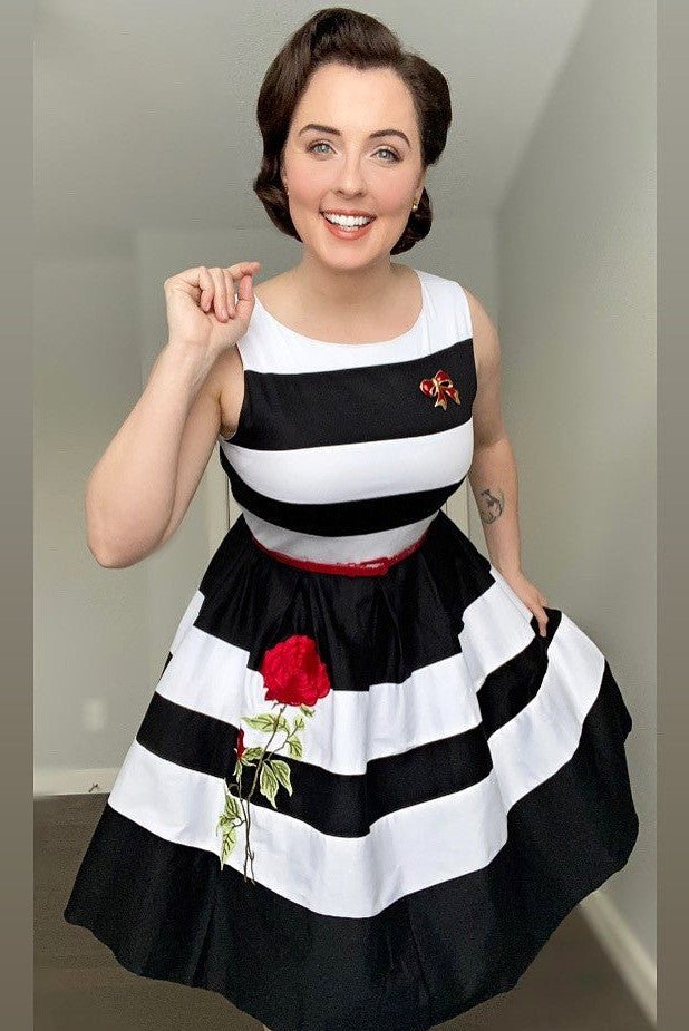 Annie Embroidered Rose Stripe Swing Dress in Black-White