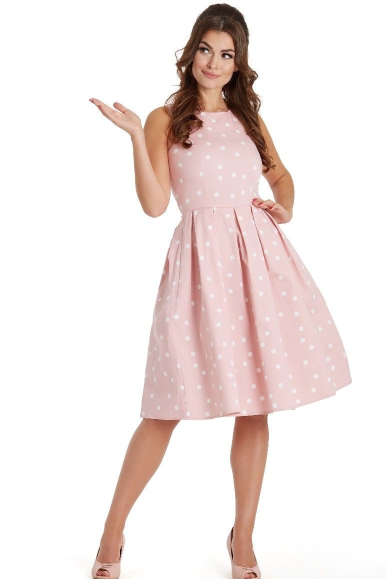 Annie Retro Polka Dot Dress in Pale Pink & White