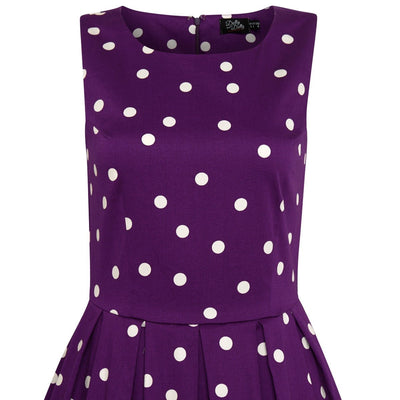 Annie Retro Vintage Inspired Purple & White Polka Dot Dress with Hidden Pockets