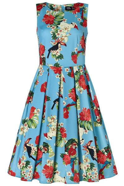 Blue dress with jungle birds and flowers on it