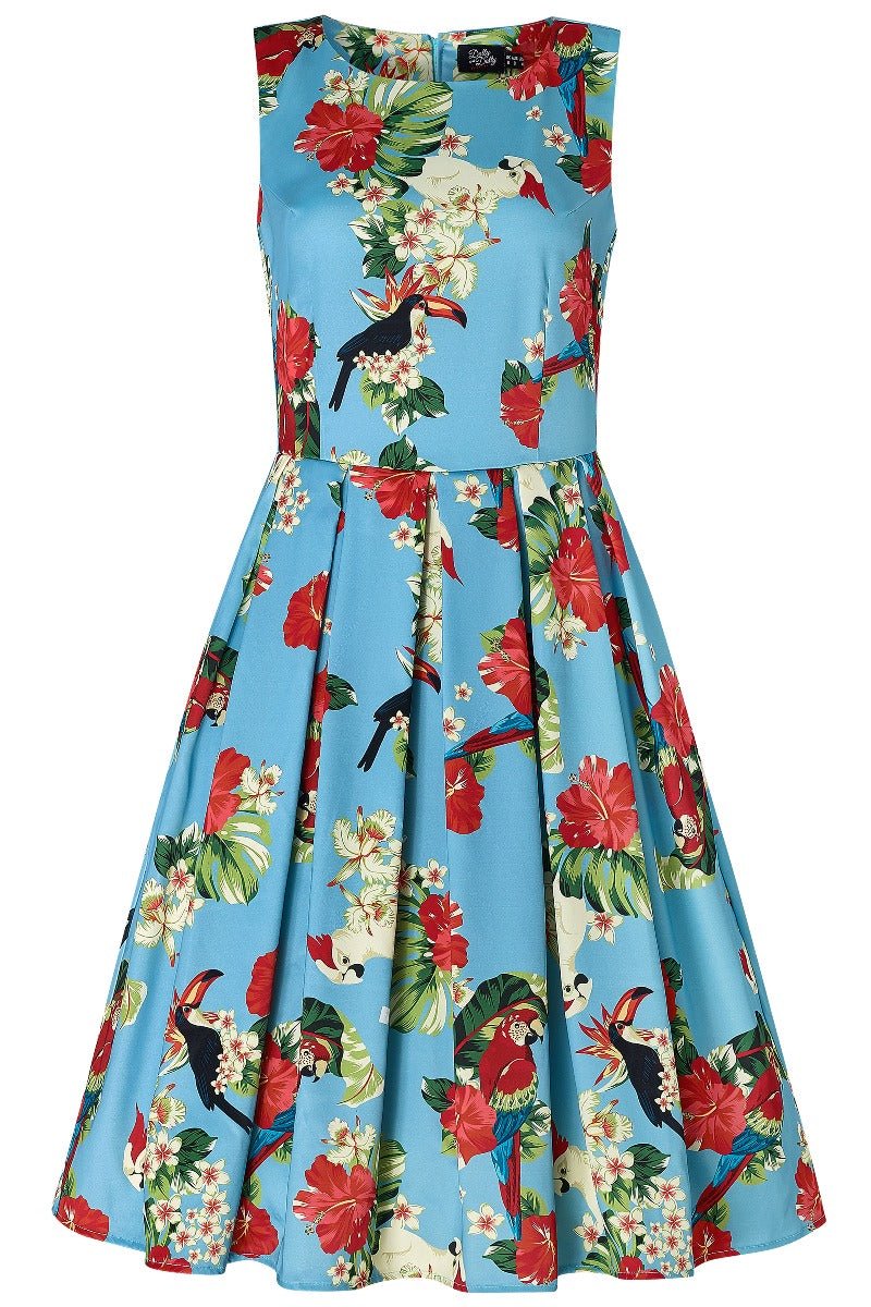 Blue dress with jungle birds and flowers on it