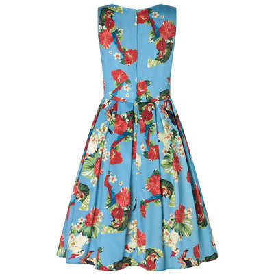 Blue dress with jungle birds and flowers, back view