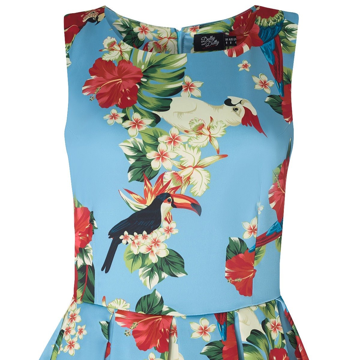 Blue dress with jungle birds and flowers, close up