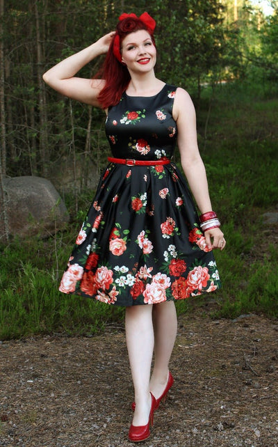 Annie Floral Roses Satin Flared Dress in Black-Pink