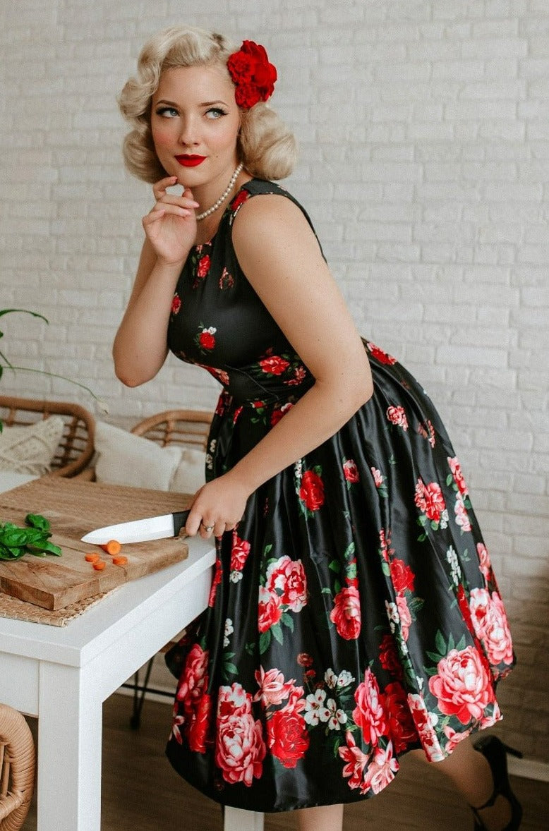 Floral Roses Satin Flared Dress in Black/Pink