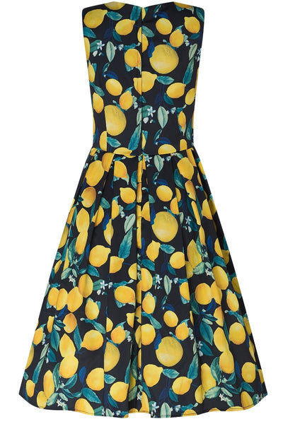 Annie Vintage Inspired Lemon Print Dress in Dark Blue with a Portrait Neckline &  Hidden Pockets