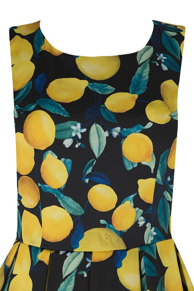 Annie Vintage Inspired Lemon Print Dress in Dark Blue with a Portrait Neckline &  Hidden Pockets