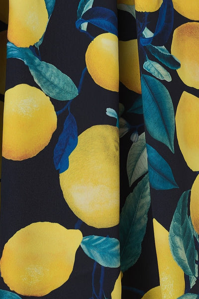 Annie Vintage Inspired Lemon Print Dress in Dark Blue with a Portrait Neckline &  Hidden Pockets