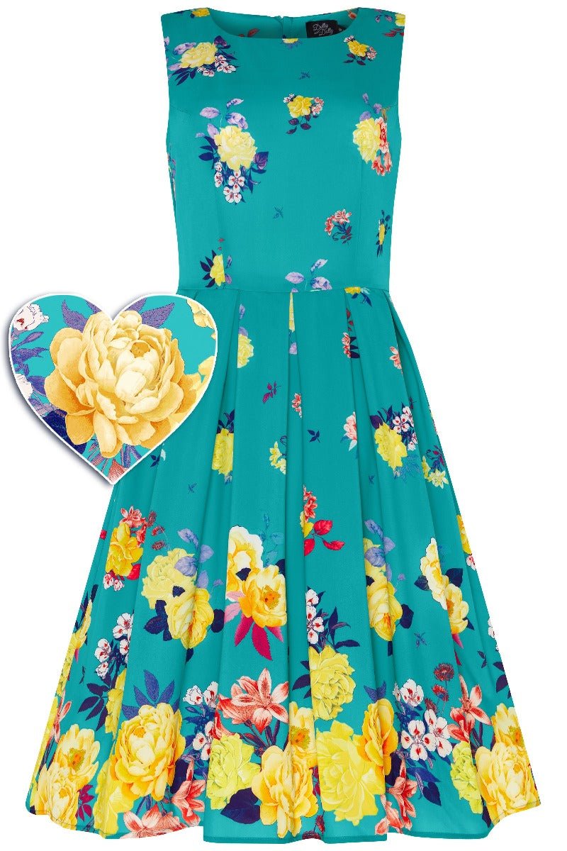 Retro Swing Raising Flowers Printed Turquoise Dress 
