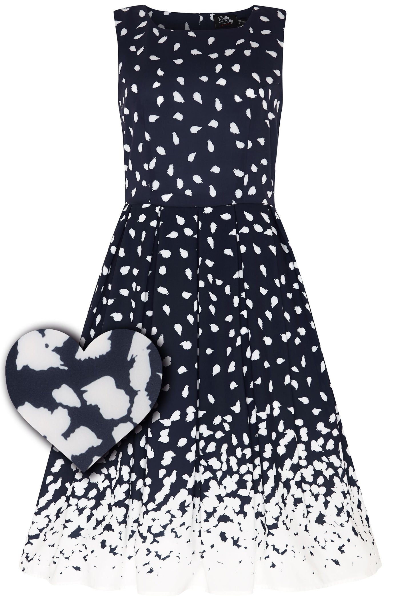 Sleeveless Annie swing dress, in navy blue, with white brushstrokes, front view
