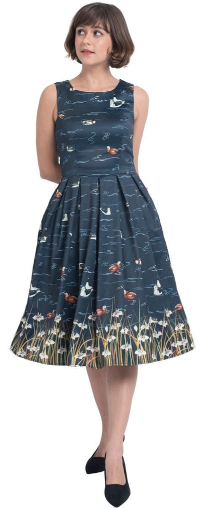 Annie Retro Inspired Navy Blue Duck Print Dress