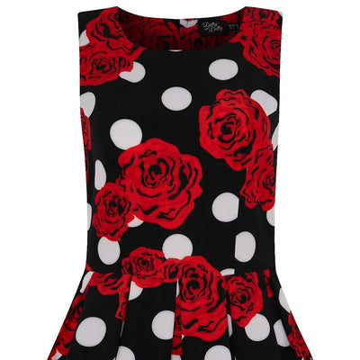 Annie Retro Polka Dots Swing Dress in Black with White Dots and Red Roses