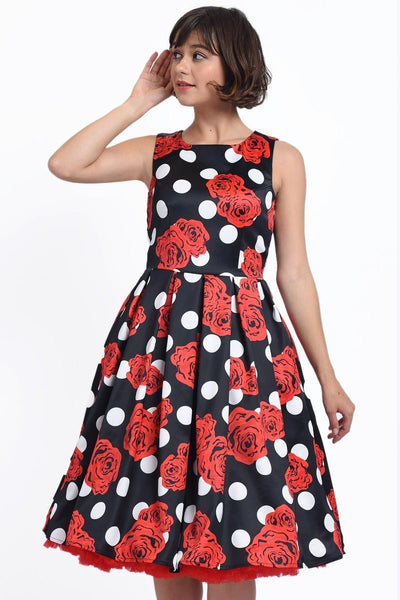 Classic Swing Dress in Navy Blue with Raising White Leaves Print
