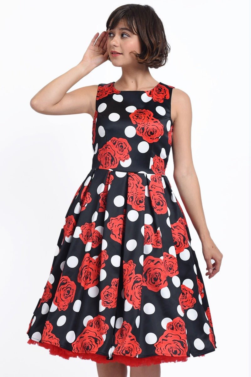 Classic Swing Dress in Navy Blue with Raising White Leaves Print
