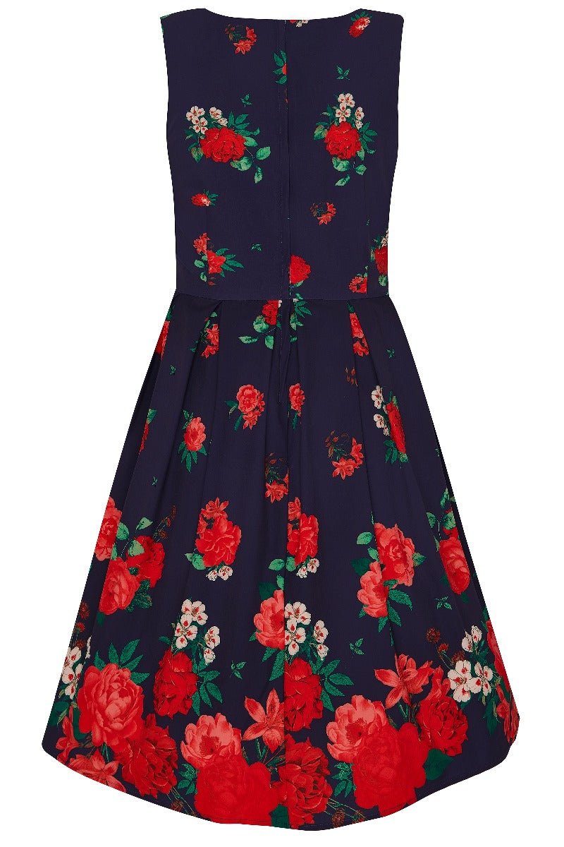 Annie Retro Swing Dress in Purple with Raising Rose Print