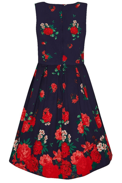 Annie Retro Swing Dress in Purple with Raising Rose Print