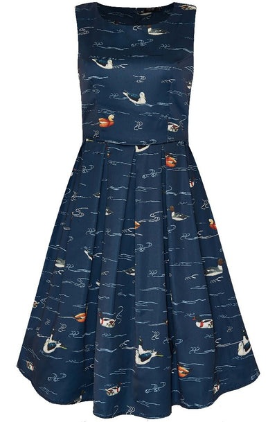 Annie 50s Inspired Womens Dress-Navy with Swimming Ducks