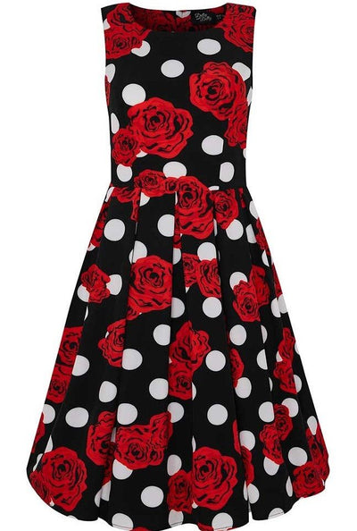 Annie Retro Inspired Swing Tea Dress Black Polka Dots & Red Roses