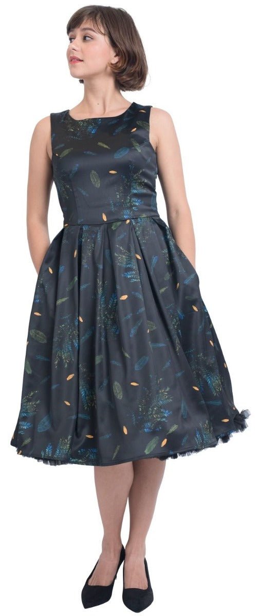 Annie Retro Inspired Dress in Navy with Leaf Print