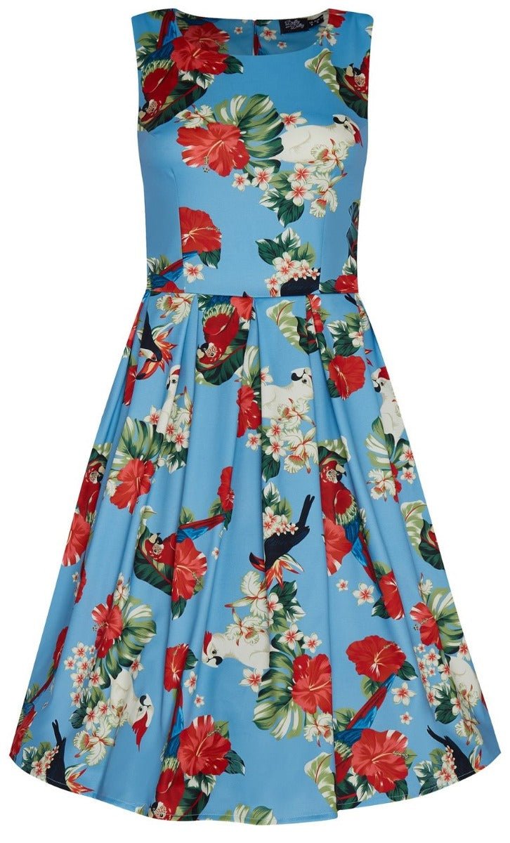 Annie 50's dress in blue, with red and white flowers, parrots and pecans, front view