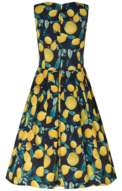 Annie Black Retro Swing Dress with Yellow Lemon Print