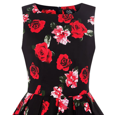 Annie sleeveless swing dress, in black, with red and pink roses, close up view
