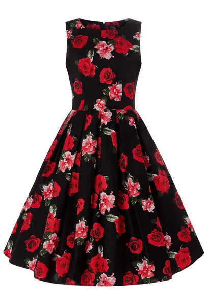 Annie sleeveless swing dress, in black, with red and pink roses, front view