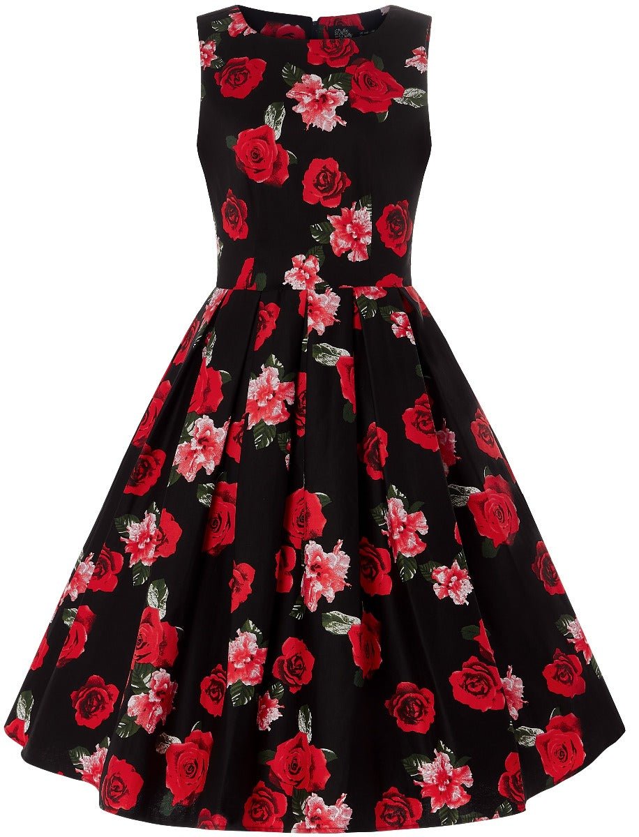 Annie sleeveless swing dress, in black, with red and pink roses, back view