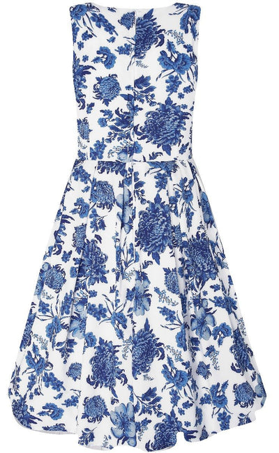 Annie Floral Retro Swing Dress in White with Blue Vintage Flowers