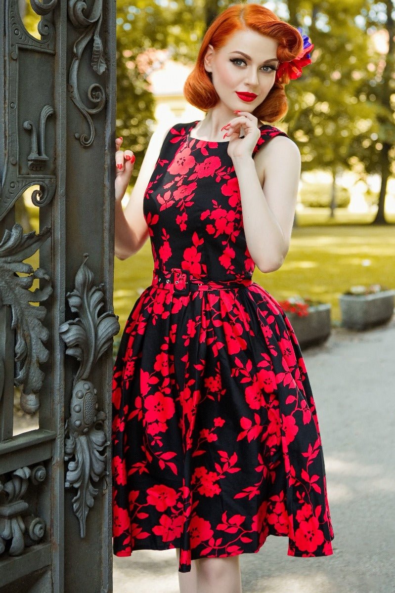Woman's Floral Retro Swing Dress in Black/Red