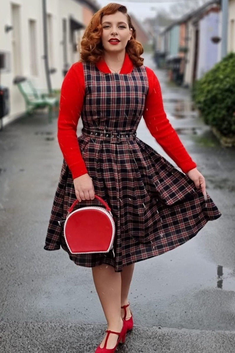Blogger wearing blue red tartan print dress