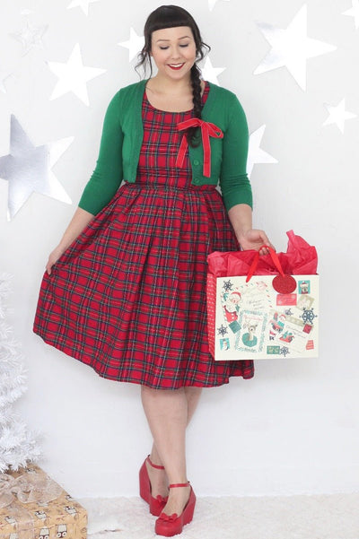Customer wearing red tartan swing dress