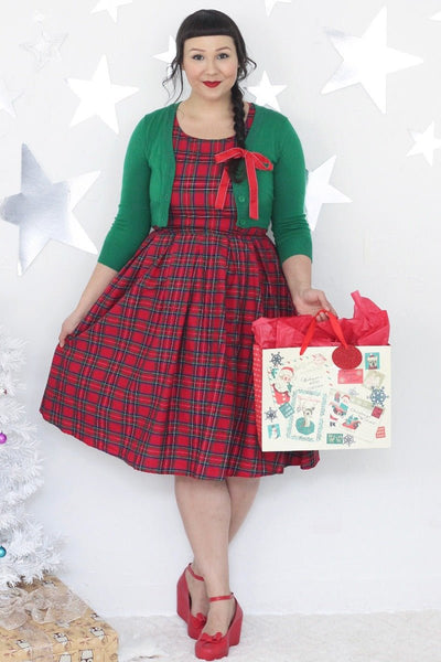 Customer wearing red tartan swing dress