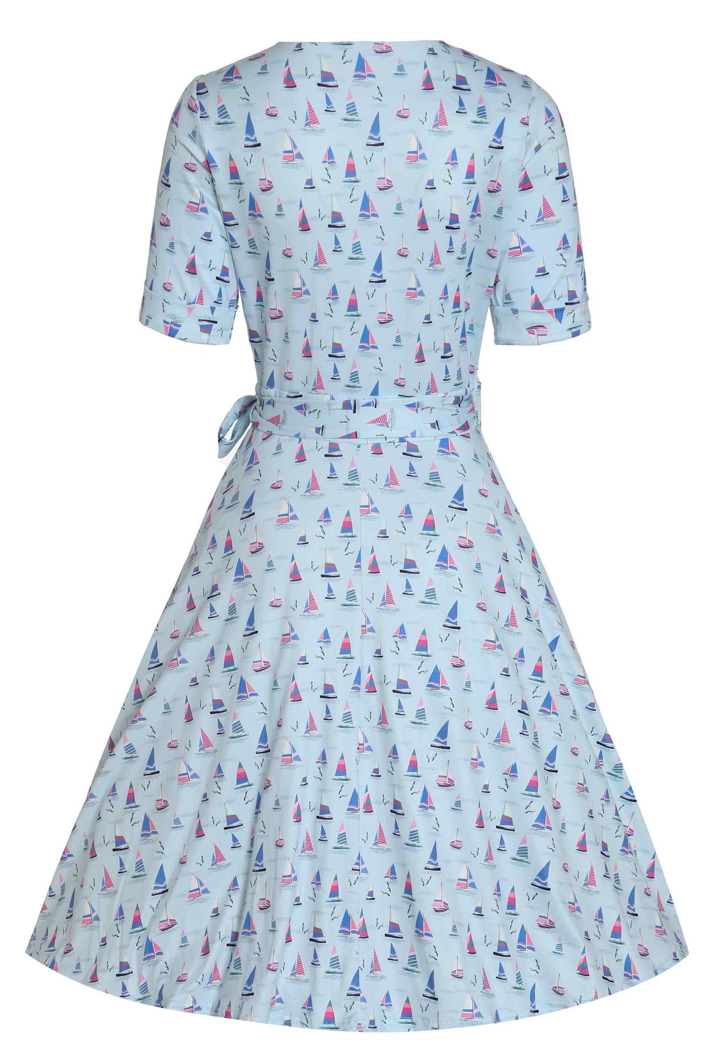 Back view of Sailboat Blue Wrap Dress