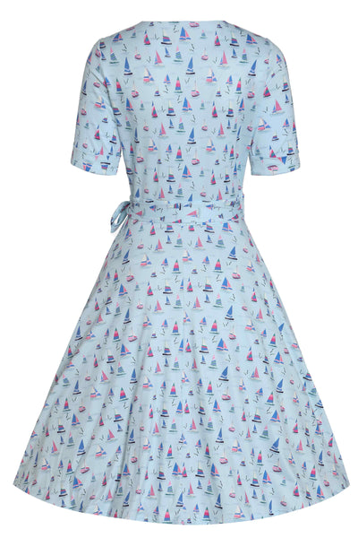 Back view of Sailboat Blue Wrap Dress