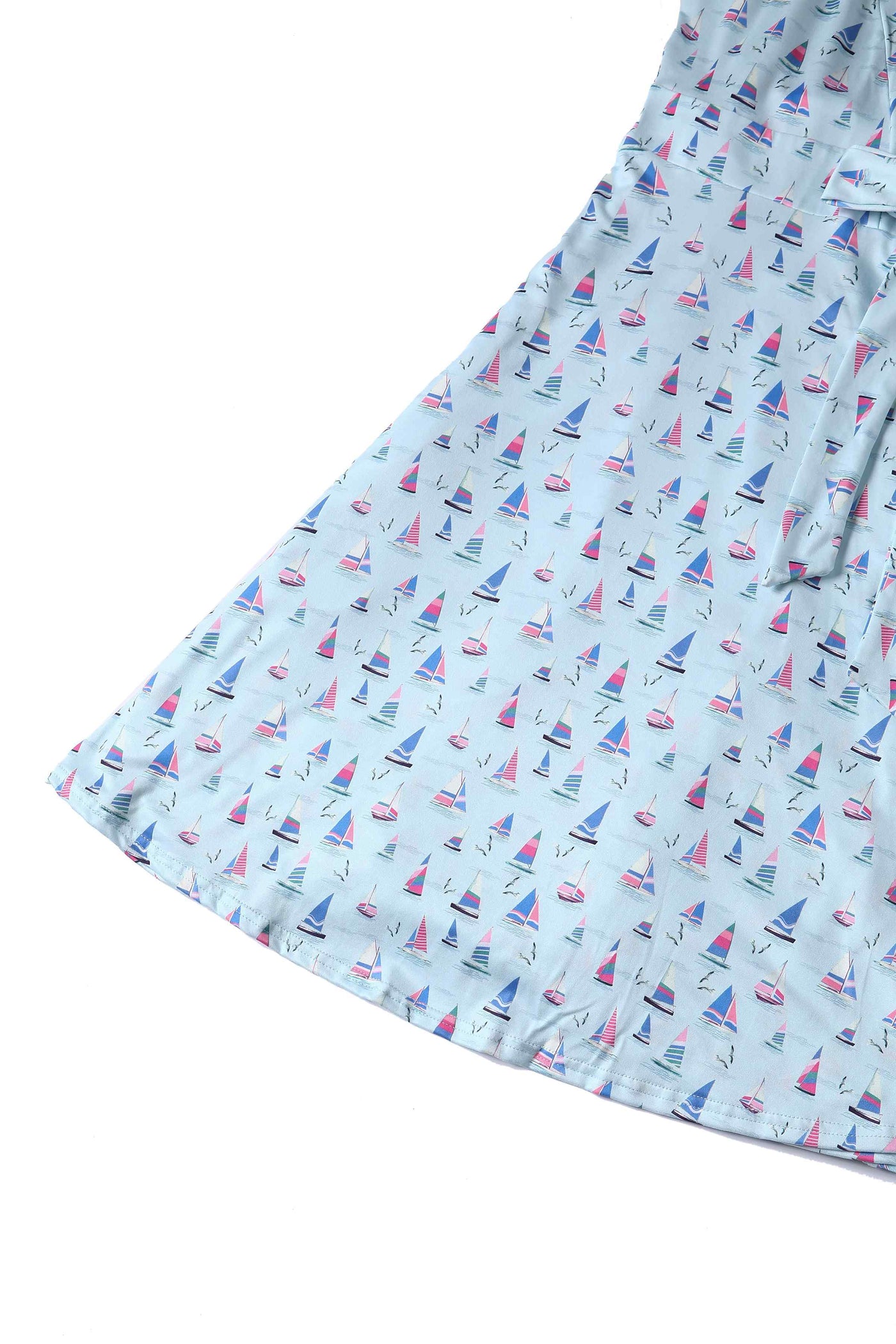 Close up view of Sailboat Blue Wrap Dress