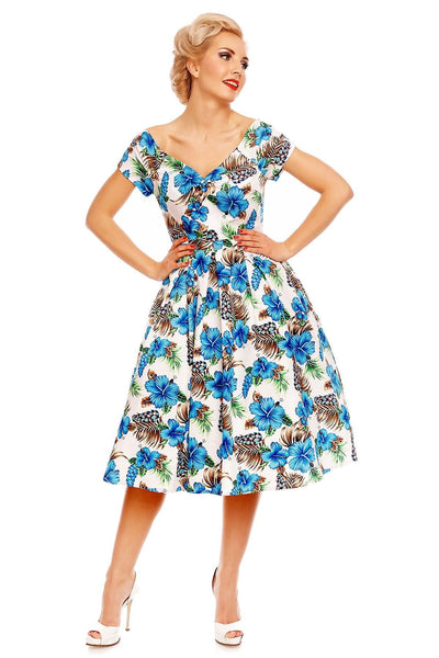 Short Sleeved 50s Pleated Dress in White-Blue Orchid