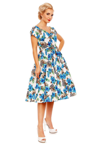 Short Sleeved 50s Pleated Dress in White-Blue Orchid