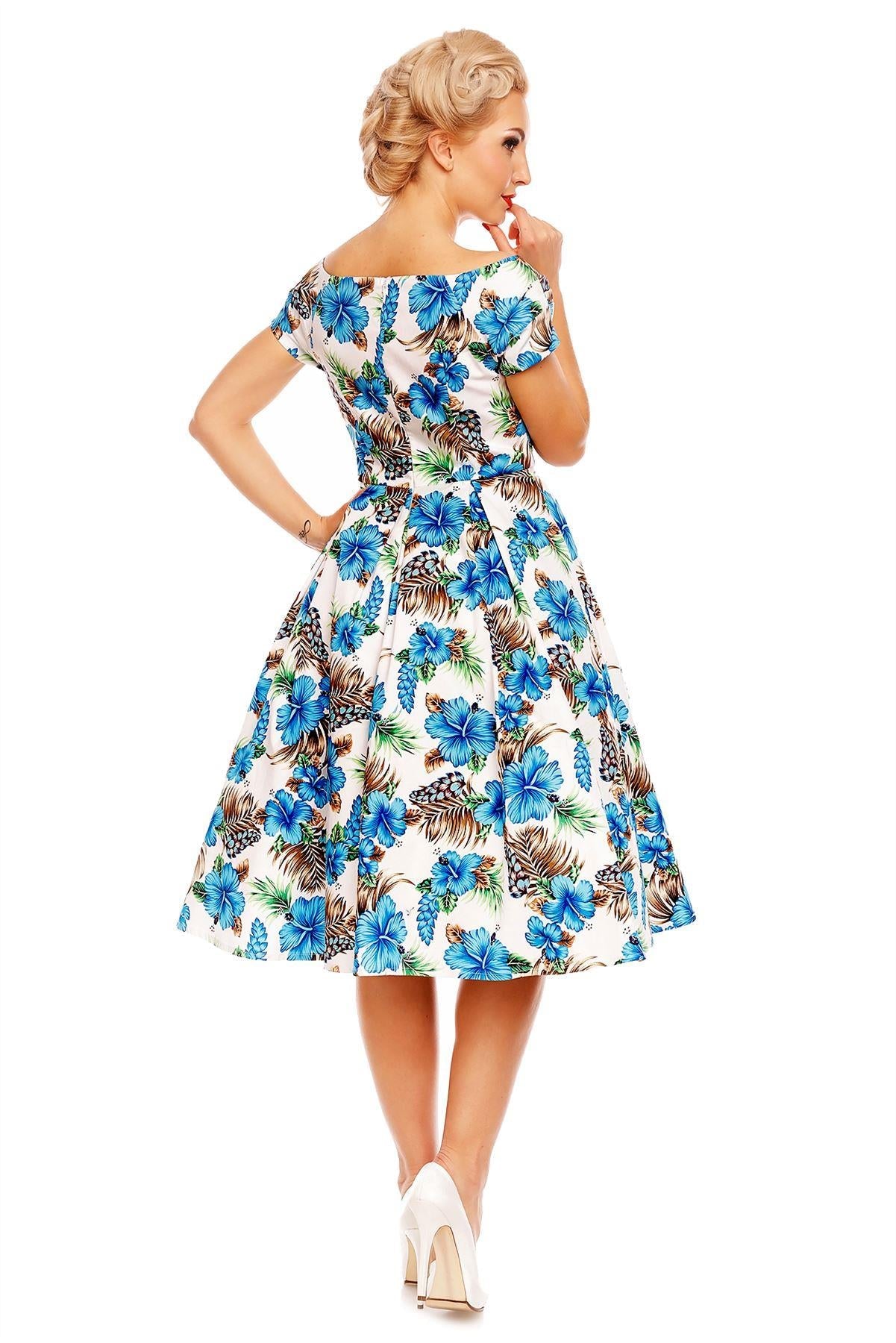 Short Sleeved 50s Pleated Dress in White-Blue Orchid