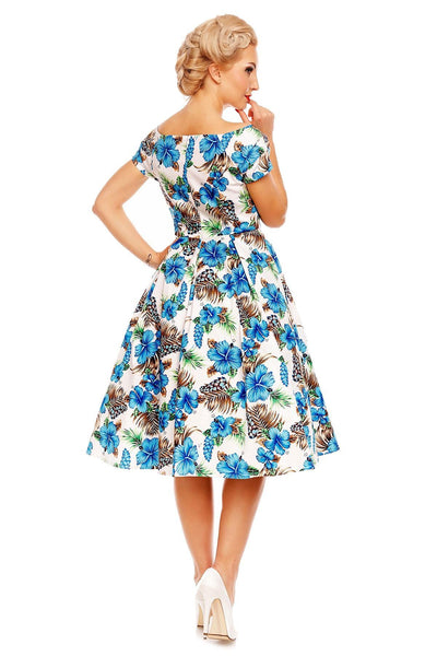 Short Sleeved 50s Pleated Dress in White-Blue Orchid