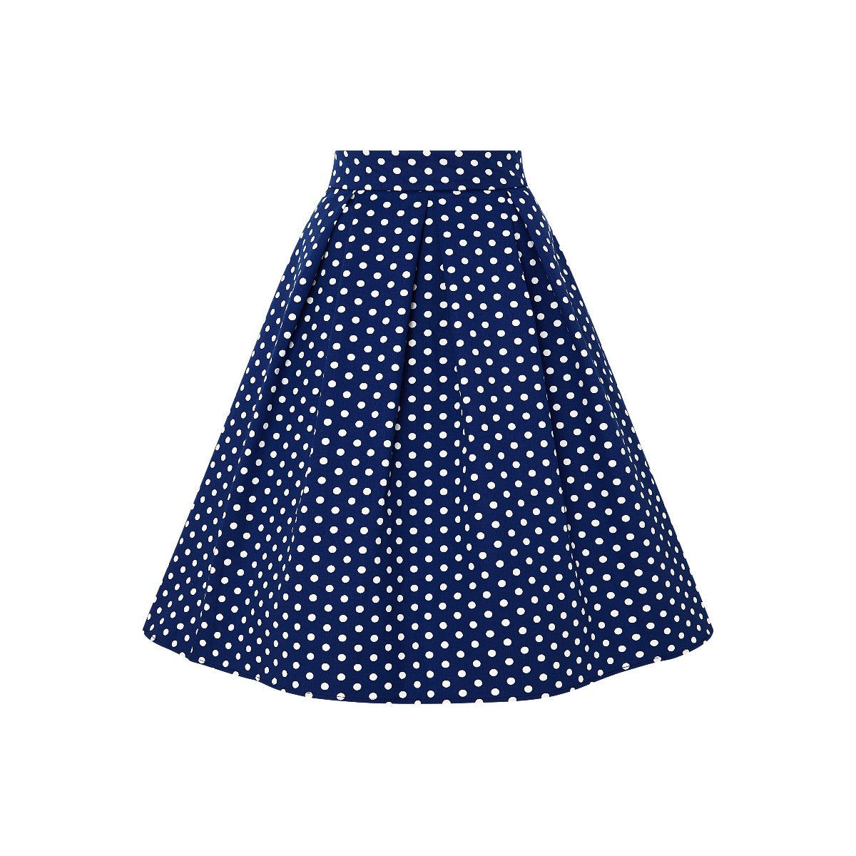 Our black top and dark blue polka dot flared skirt, front view